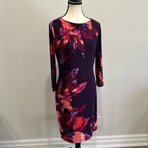 - Joseph Ribkoff Floral Shift Dress – Purple & Red Print, Size 10